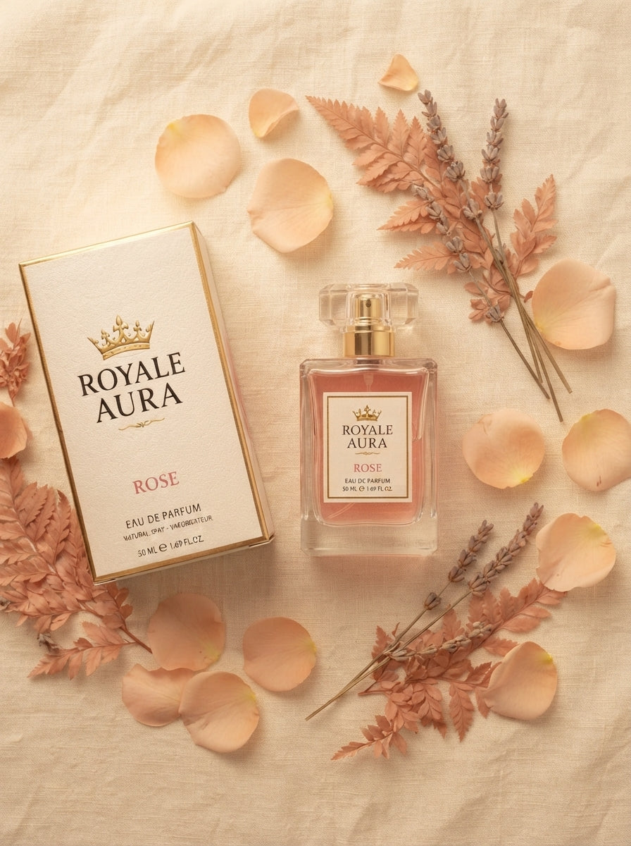 A luxury ROYALE AURA Rose perfume bottle sits on a warm cream surface with blush rose petals and terracotta foliage.