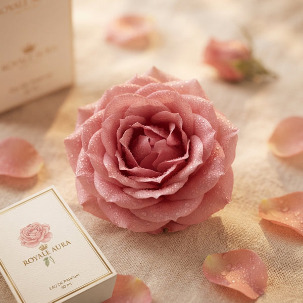 A close-up of a fresh blooming rose on a cream-colored surface representing the raw botanical essence of the perfume.
